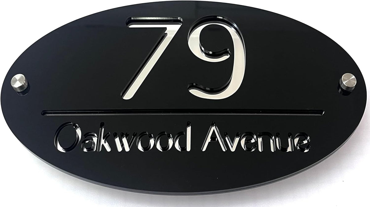 3D Laser Cut House Number Plaque Door Number Street Name Customised Large Sign 300mm x 160mm - Black & Silver