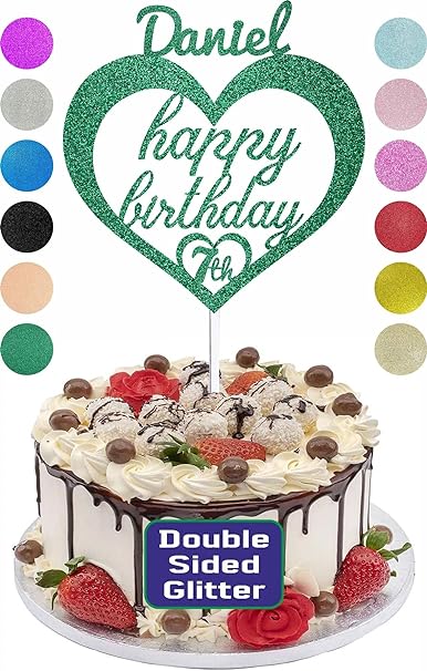 Heart Design Happy Birthday Glitter Cake Topper Any Name & Any Age Double Sided Glitter Card Cake Decoration Customised