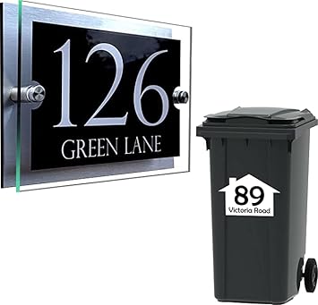 2 in 1 House Numbers Plaques Door Signs Numbers Street Names + 4X Bin Numbers Wheelie Bin Number Customised